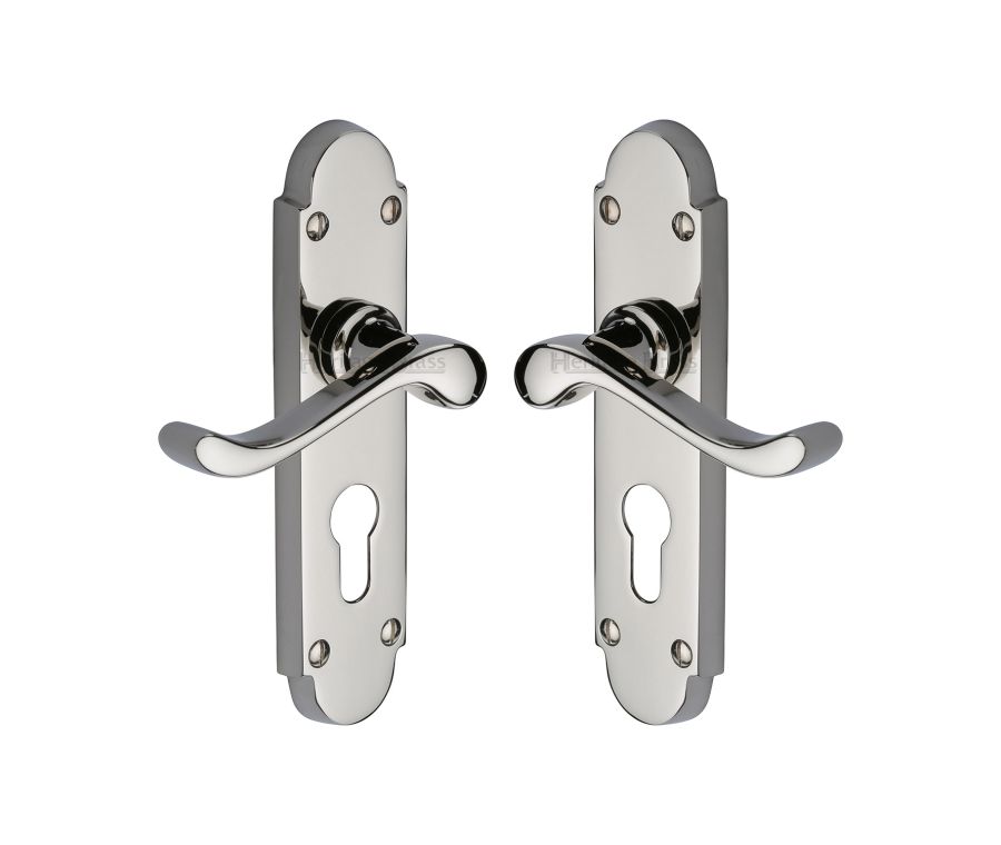 Heritage Brass Polished Nickel Finish Savoy Door Handle on Plate - Euro Profile