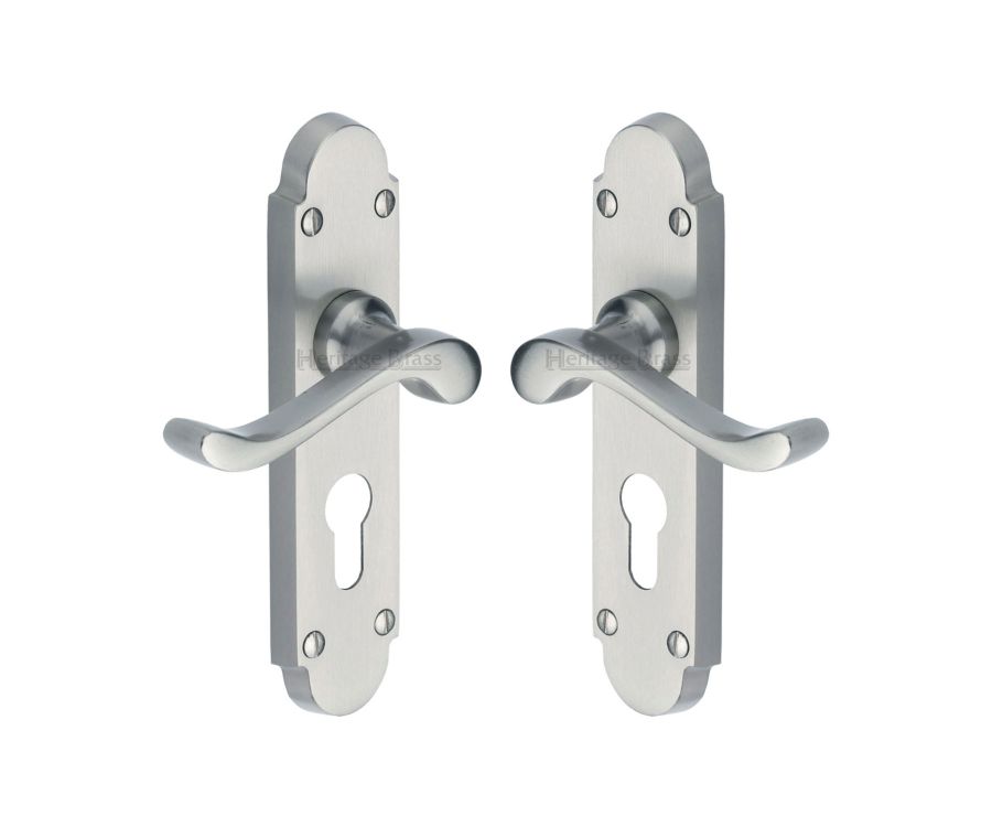 Heritage Brass Satin Chrome Savoy Door Handle on Plate - Euro Profile