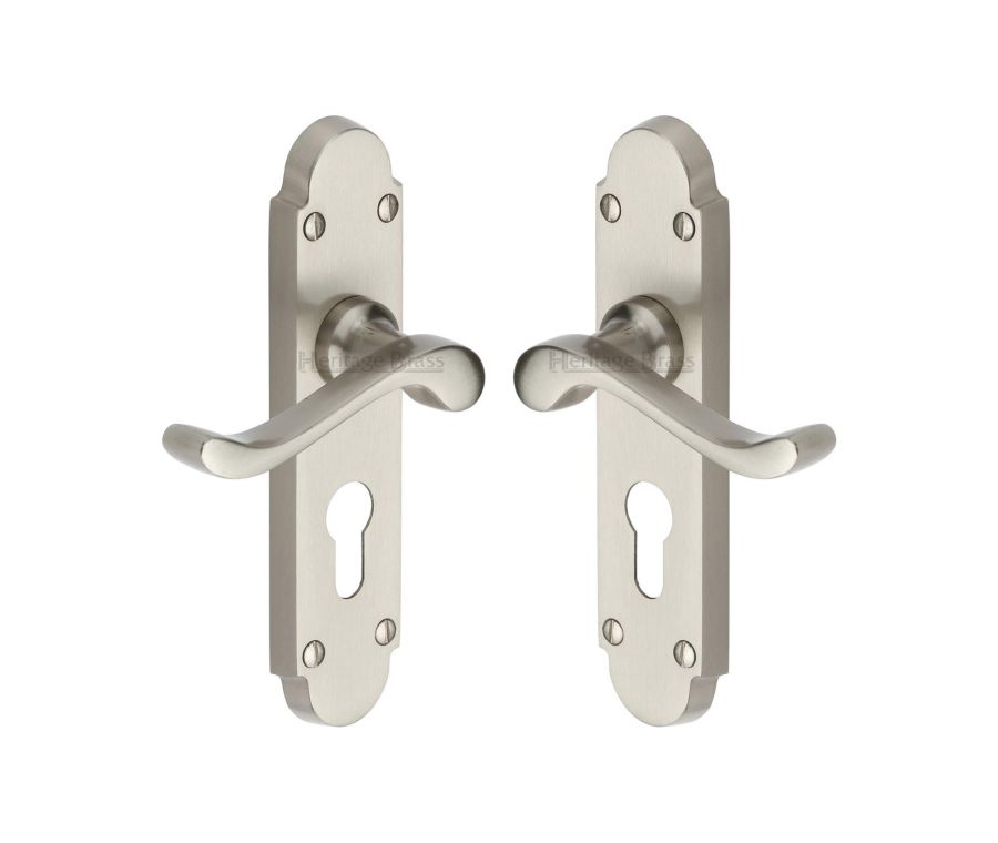 Heritage Brass Satin Nickel Savoy Door Handle on Plate - Euro Profile