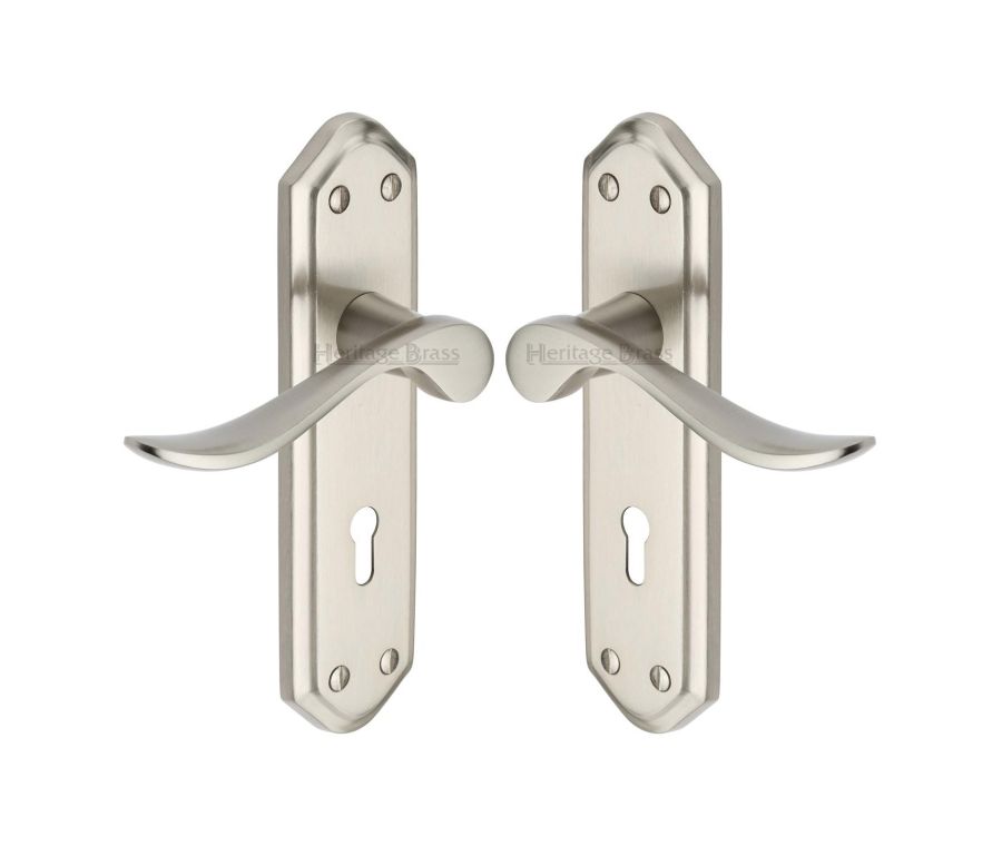 Heritage Brass Satin Nickel Sandown Door Handle on Plate - Lever Lock
