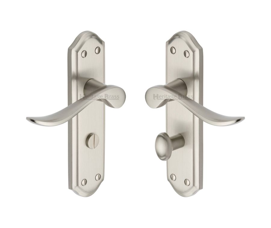 Heritage Brass Satin Nickel Sandown Door Handle on Plate - Bathroom Set