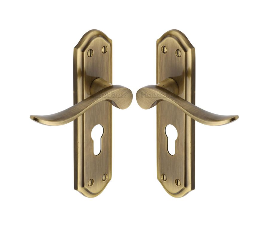 Heritage Brass Antique Brass Sandown Door Handle on Plate - Euro Profile