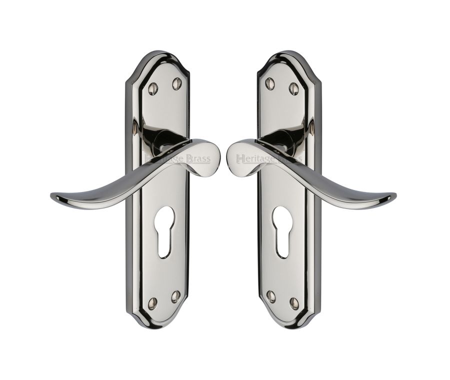 Heritage Brass Polished Nickel Finish Sandown Door Handle on Plate - Euro Profile