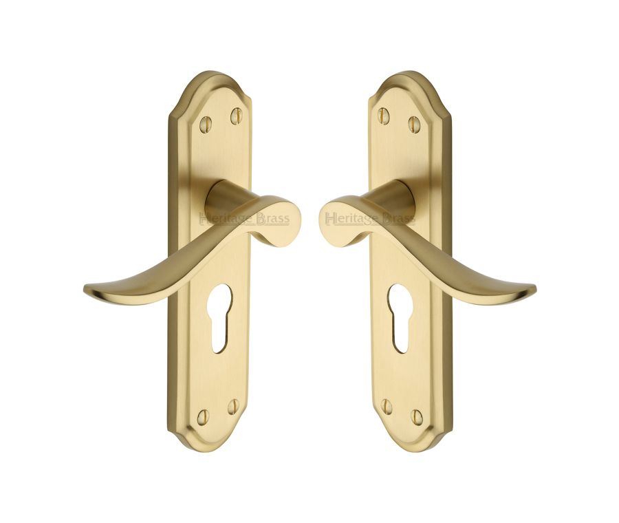 Heritage Brass Satin Brass Sandown Door Handle on Plate - Euro Profile