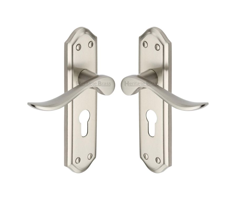Heritage Brass Satin Nickel Sandown Door Handle on Plate - Euro Profile