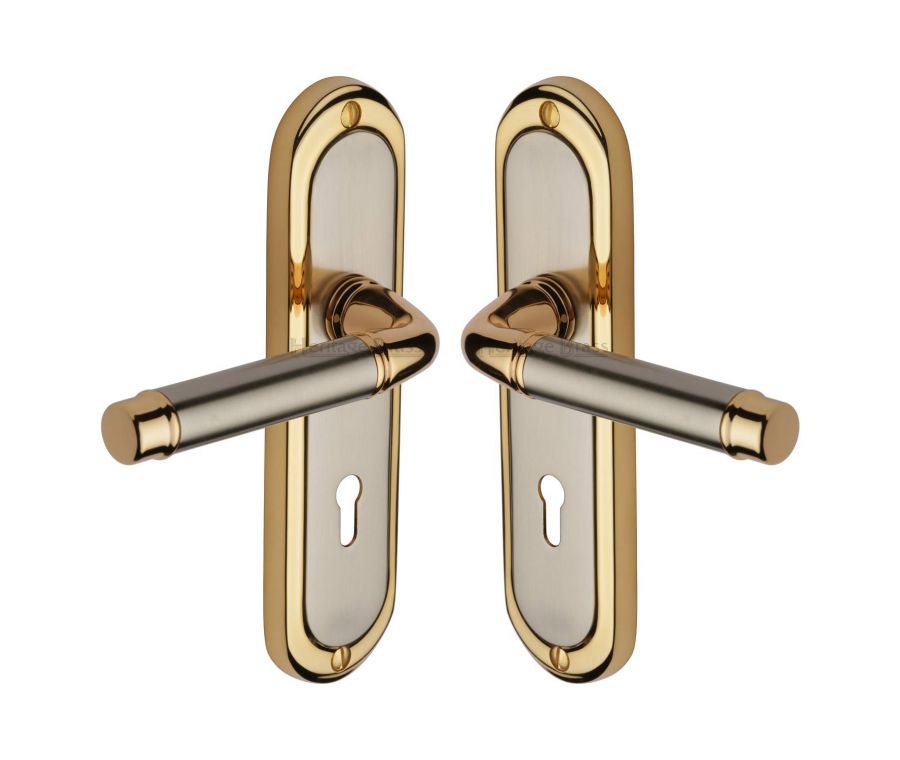 Heritage Brass Jupiter Split Finish Saturn Door Handle on Plate - Lever Lock