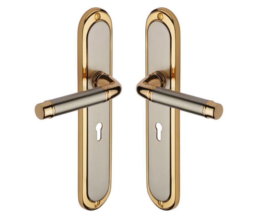 Heritage Brass Jupiter Split Finish Saturn Long Door Handle on Plate - Lever Lock