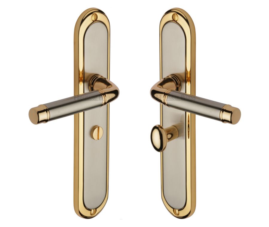 Heritage Brass Jupiter Split Finish Saturn Long Door Handle on Plate - Bathroom Set