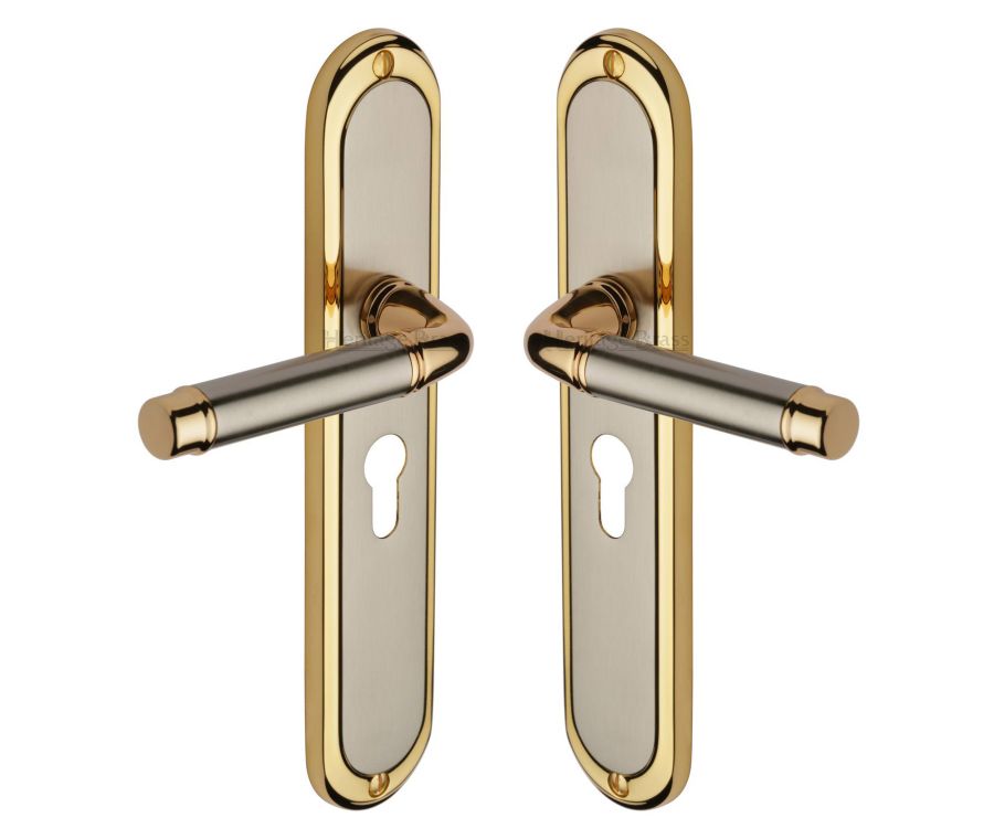 Heritage Brass Jupiter Split Finish Saturn Long Door Handle on Plate - Euro Profile