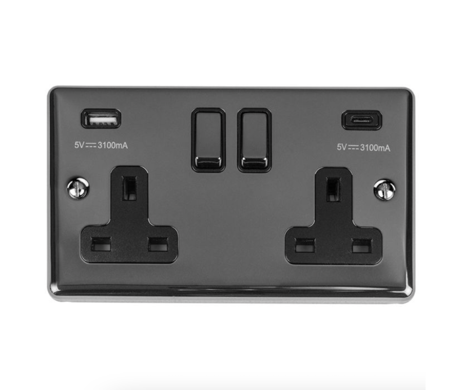 Eurolite Black Nickel Enhance Decorative 2 Gang USBC Socket with Black Trim | EN2USBCBNB