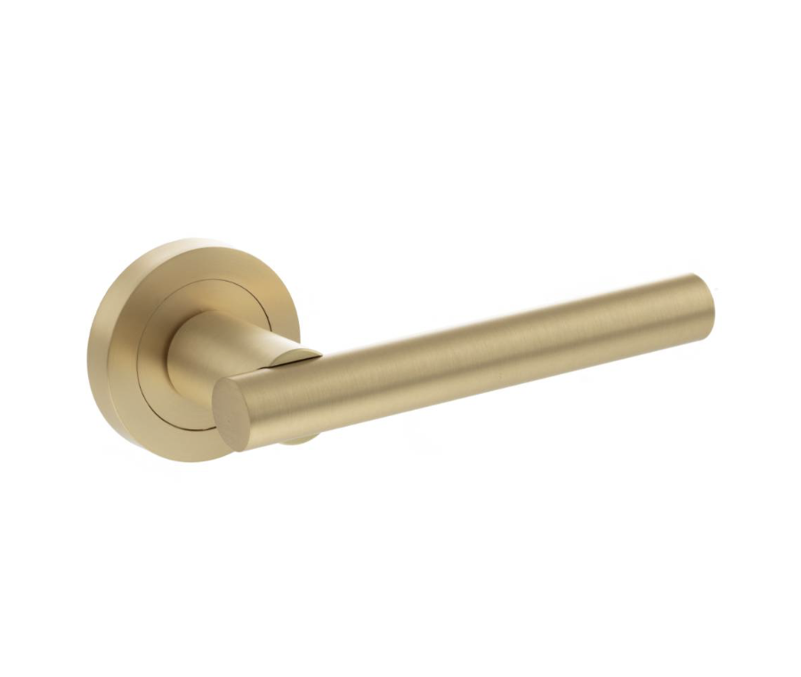 Set Status Satin Brass Nebraska Lever on Round Rose | S28RSB