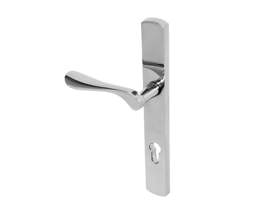 BLU Polished Stainless Steel Regent Right Hand Door Handle on 095 euro backplate | REG095-RH-PSS