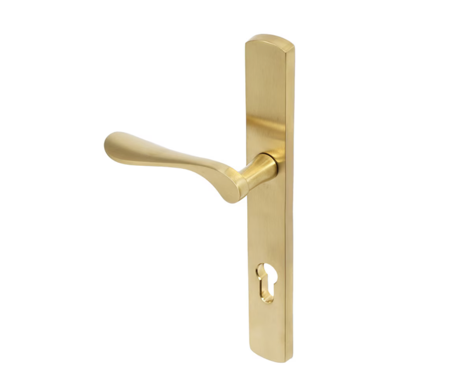 BLU Satin Brass Regent Right Hand Door Handle on 095 euro backplate | REG095-RH-PSB