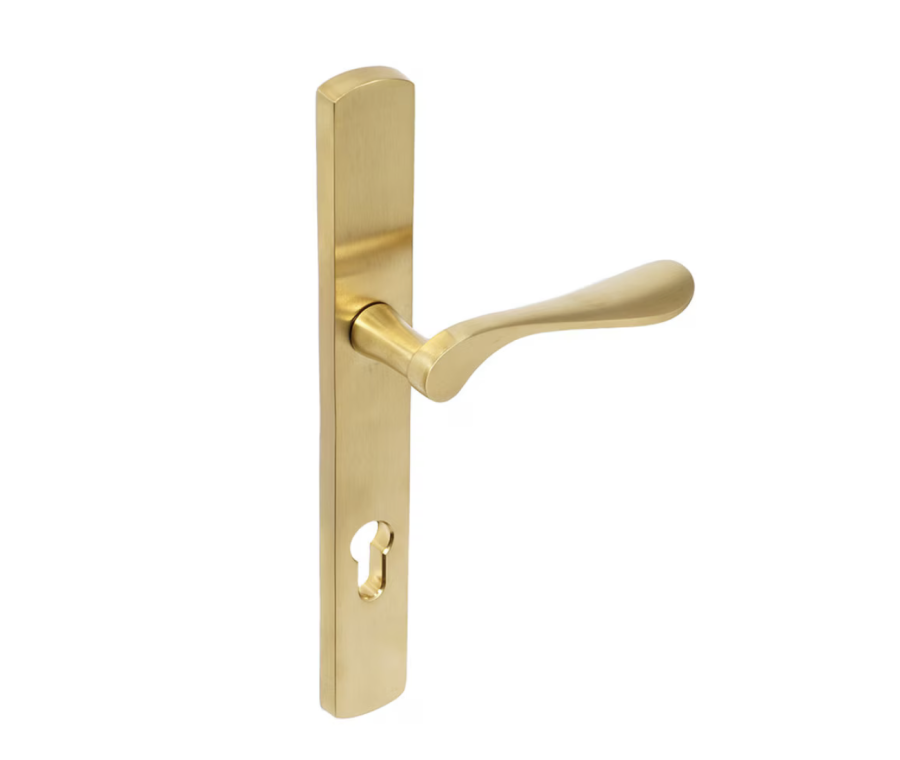 BLU Satin Brass Regent Left Hand Door Handle on 095 euro backplate  |  REG095-LH-PSB