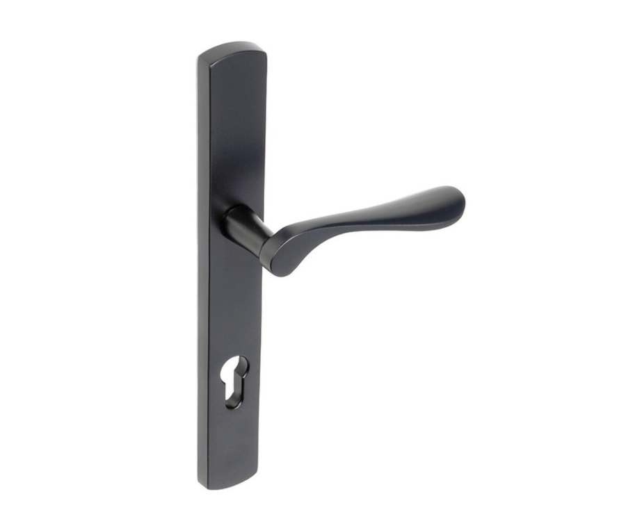 BLU Matt Black Regent Left Hand Door Handle on 095 euro backplate  |  REG095-LH-MBL