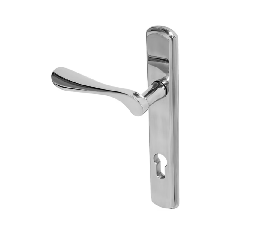 BLU Polished Stainless Steel Regent Right Hand Door Handle on 092 euro backplate  |  REG092-RH-PSS