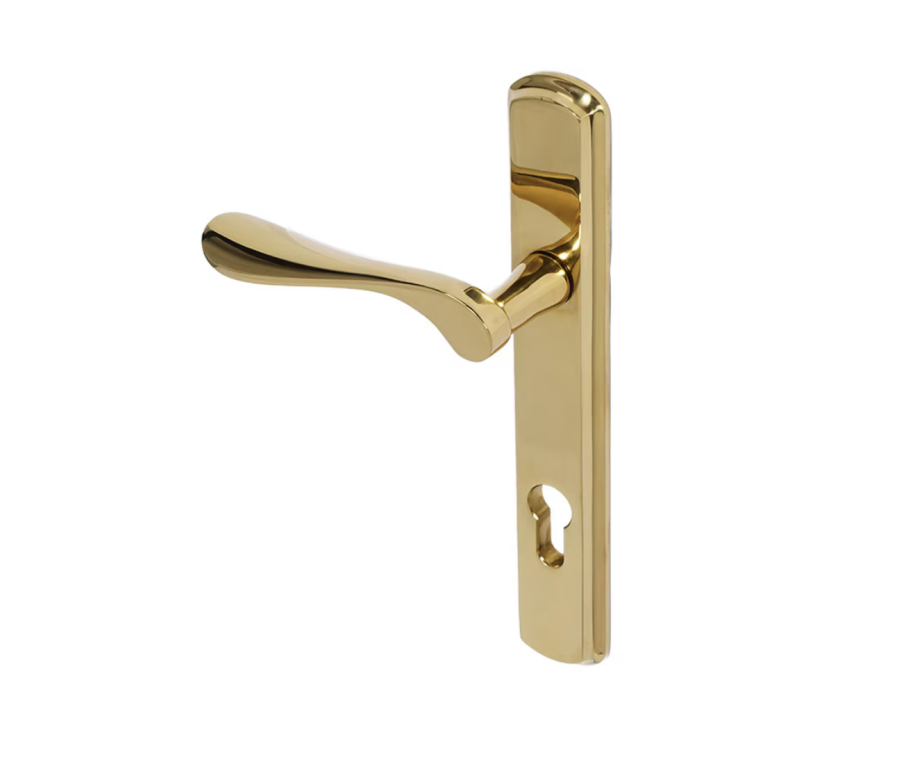 BLU Polished Brass Regent Right Hand Door Handle on 092 euro backplate  |  REG092-RH-PPB