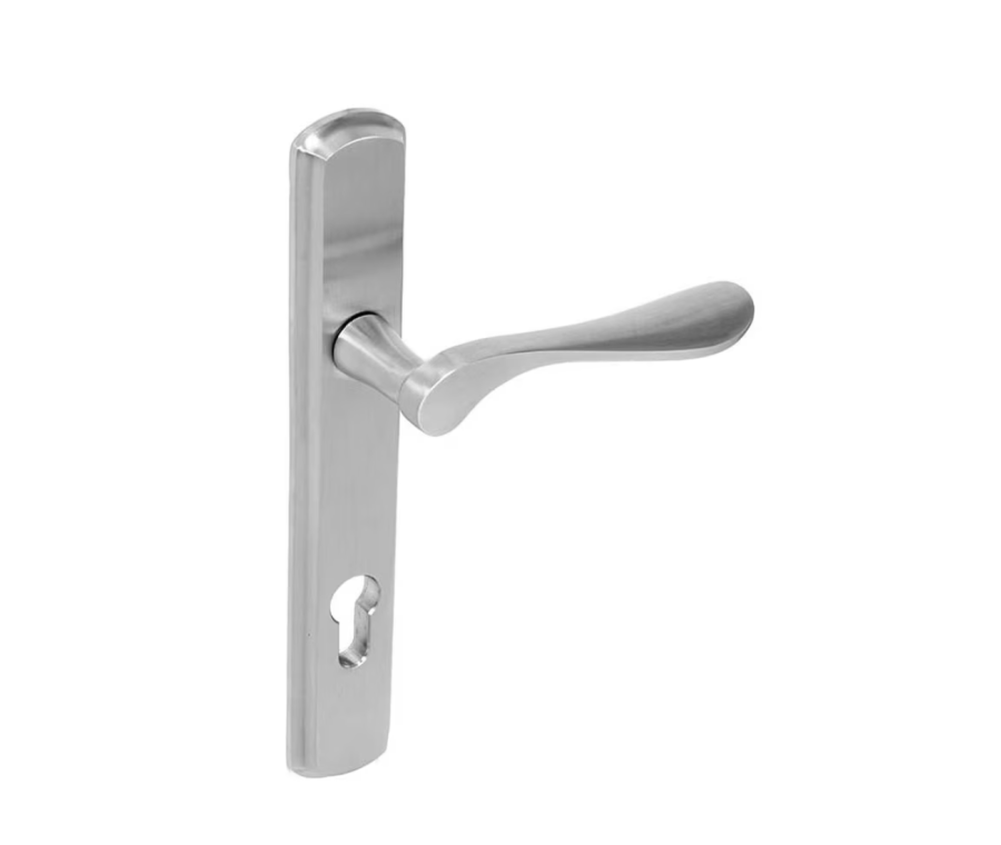 BLU Satin Stainless Steel Regent Left Hand Door Handle on 092 euro backplate  |  REG092-LH-SSS