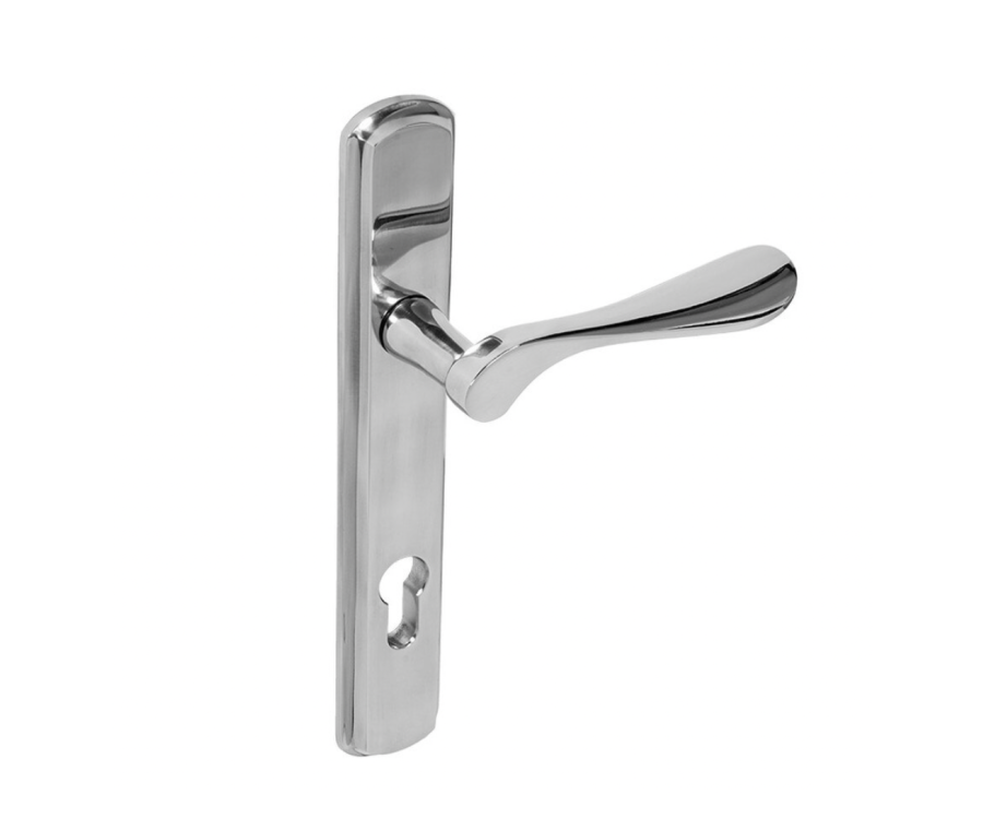 BLU Polished Stainless Steel Regent Left Hand Door Handle on 092 euro backplate  |  REG092-LH-PSS