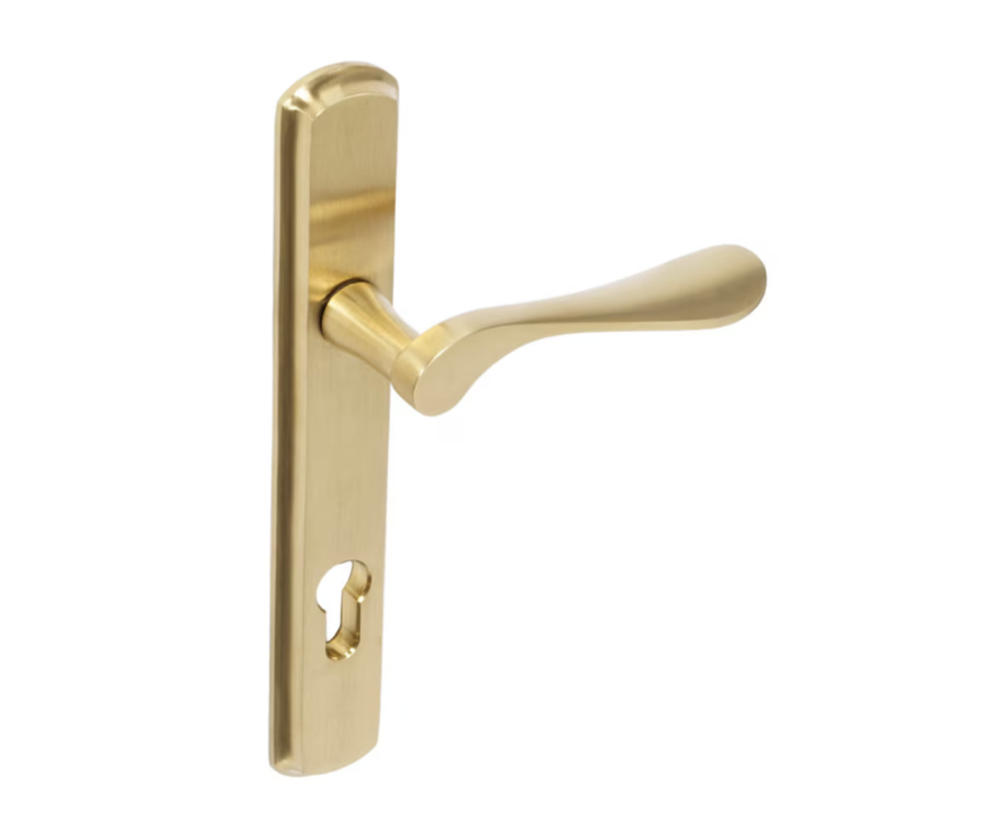 BLU Satin Brass Regent Left Hand Door Handle on 092 euro backplate  |  REG092-LH-PSB