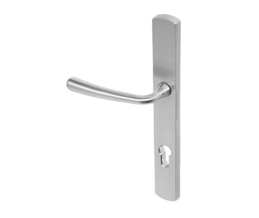 BLU Satin Stainless Steel Pera Multipoint Door Handle on 095 euro backplate  |  PER095-SSS
