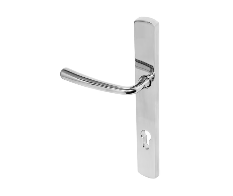 BLU Polished Stainless Steel Pera Multipoint Door Handle on 095 euro backplate  |  PER095-PSS