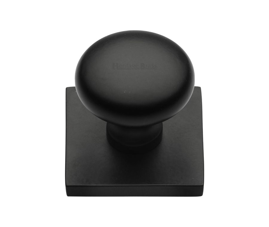 Heritage Brass Matt Black Victorian Round Cabinet Knob with Square Backplate 32mm