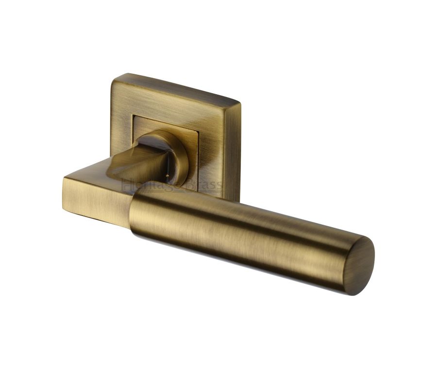 Antique Brass Bauhaus Sq Door Handle on Square Rose