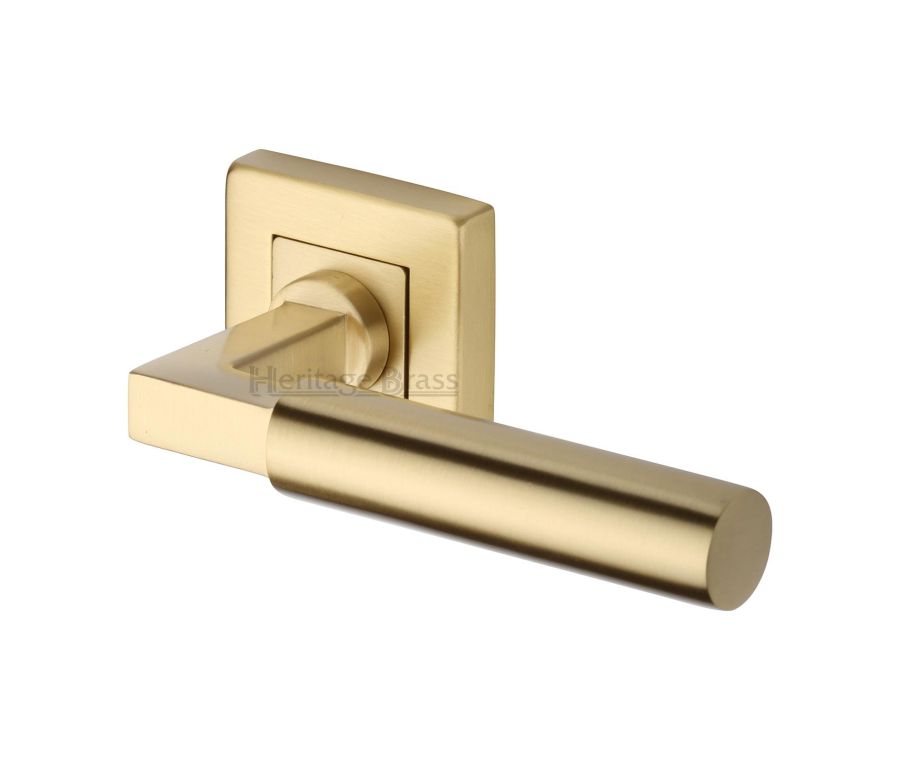 Satin Brass Bauhaus Sq Door Handle on Square Rose