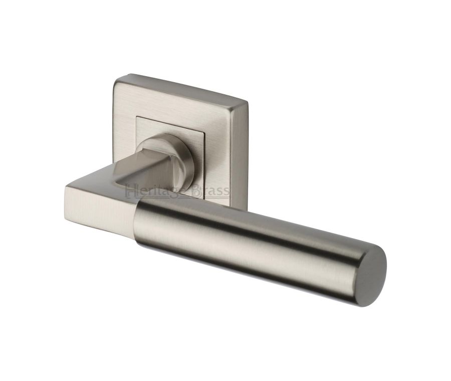 Satin Nickel Bauhaus Sq Door Handle on Square Rose