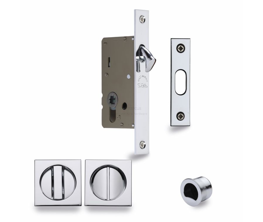 Polished Chrome Heritage Brass Sliding Lock with Square Privacy Turns