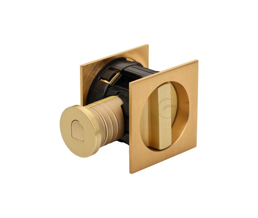 Satin Brass Heritage Brass Tubular Lock with Square Privacy Turn & Release