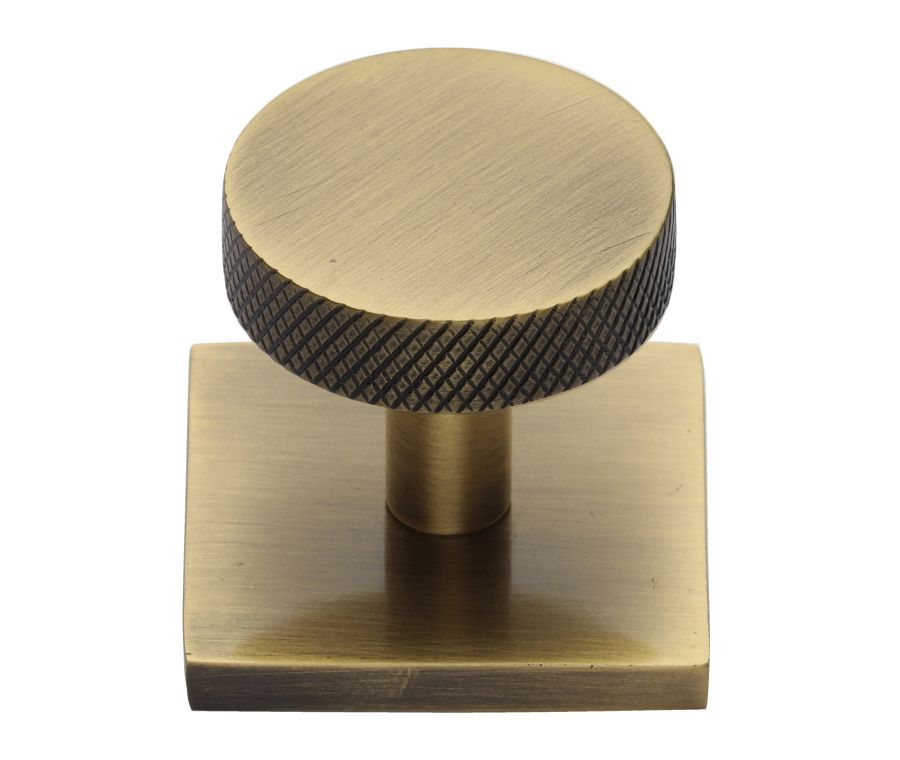 Heritage Brass Antique Brass Knurled Disc Cabinet Knob with Square Backplate 32mm