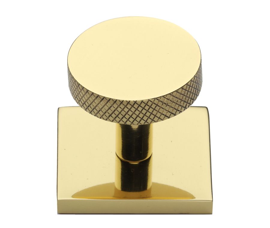 Heritage Brass Polished Brass Knurled Disc Cabinet Knob with Square Backplate 32mm