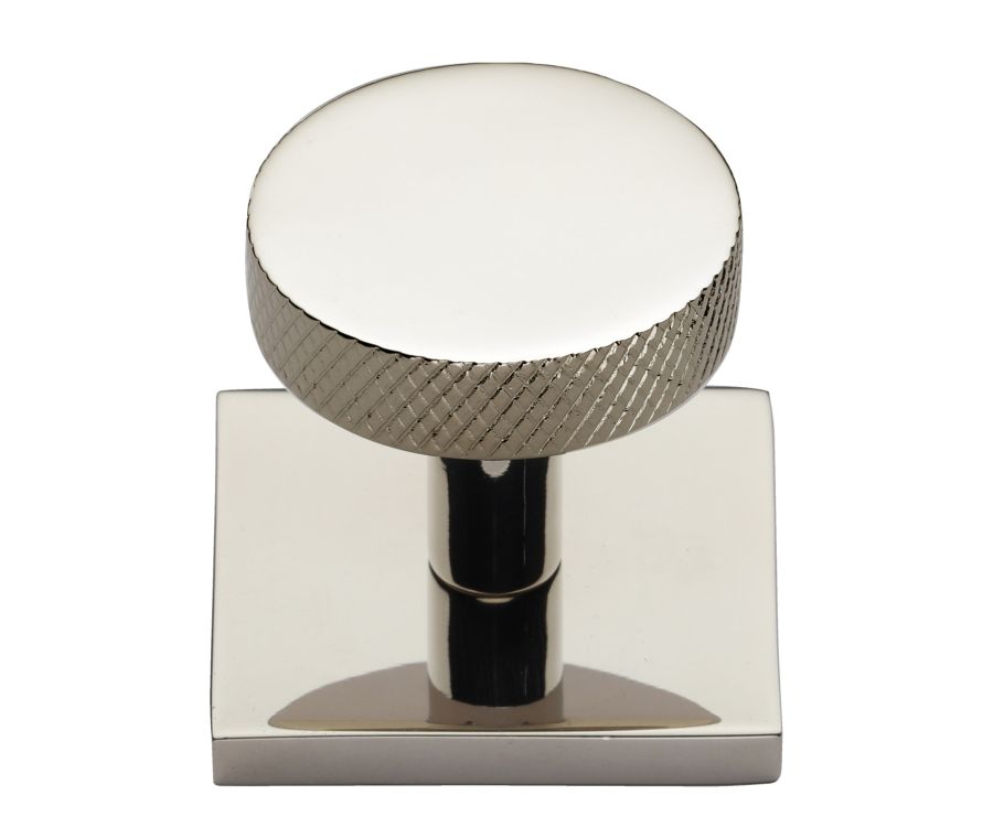 Heritage Brass Polished Nickel Finish Knurled Disc Cabinet Knob with Square Backplate 32mm
