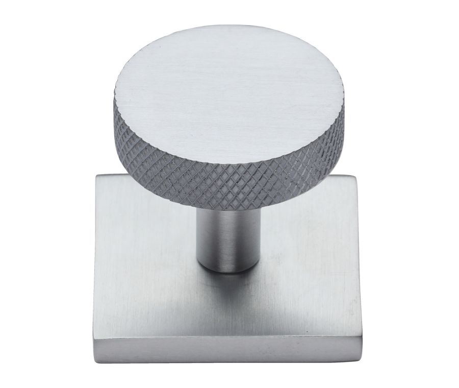 Heritage Brass Satin Chrome Knurled Disc Cabinet Knob with Square Backplate 32mm