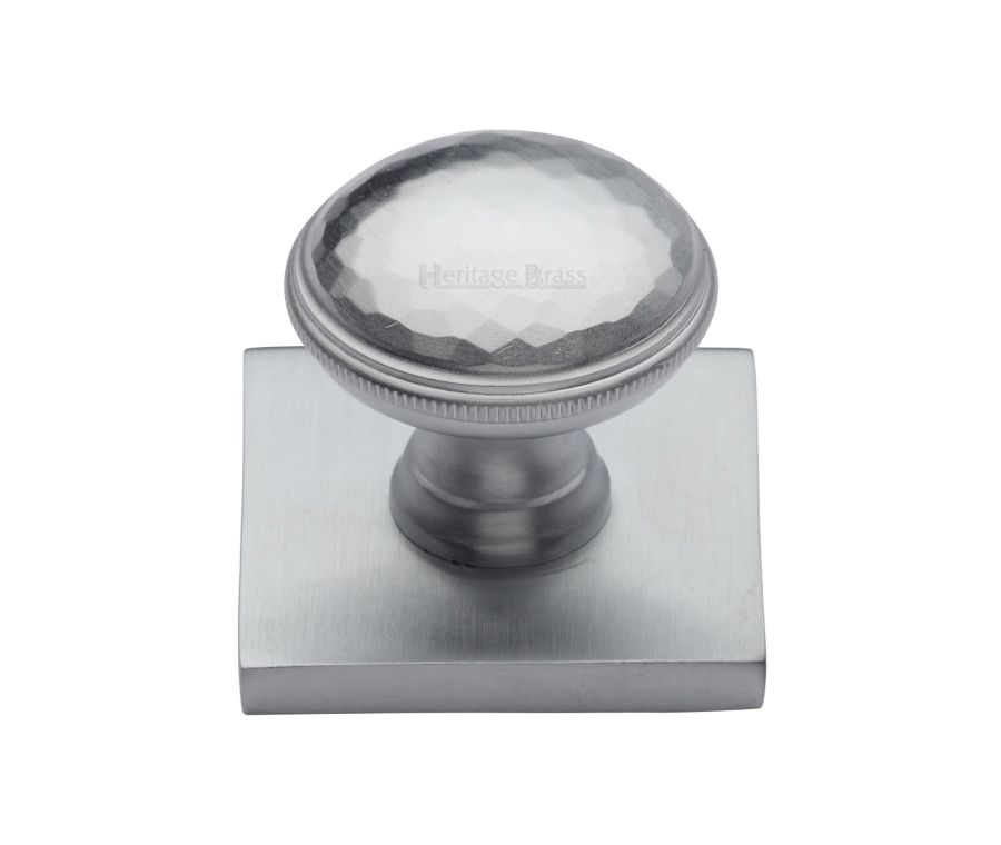Heritage Brass Satin Chrome Diamond Cut Cabinet Knob with Square Backplate 32mm