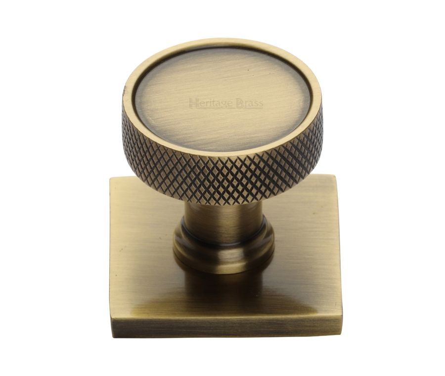 Heritage Brass Antique Brass Florence Knurled Cabinet Knob with Square Backplate 32mm