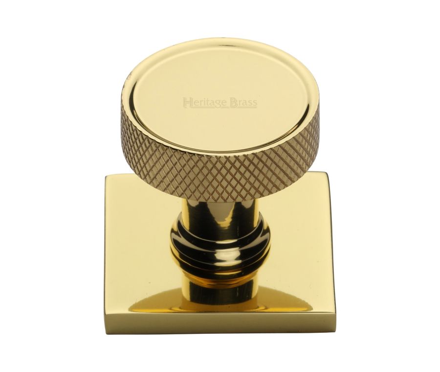 Heritage Brass Polished Brass Florence Knurled Cabinet Knob with Square Backplate 32mm