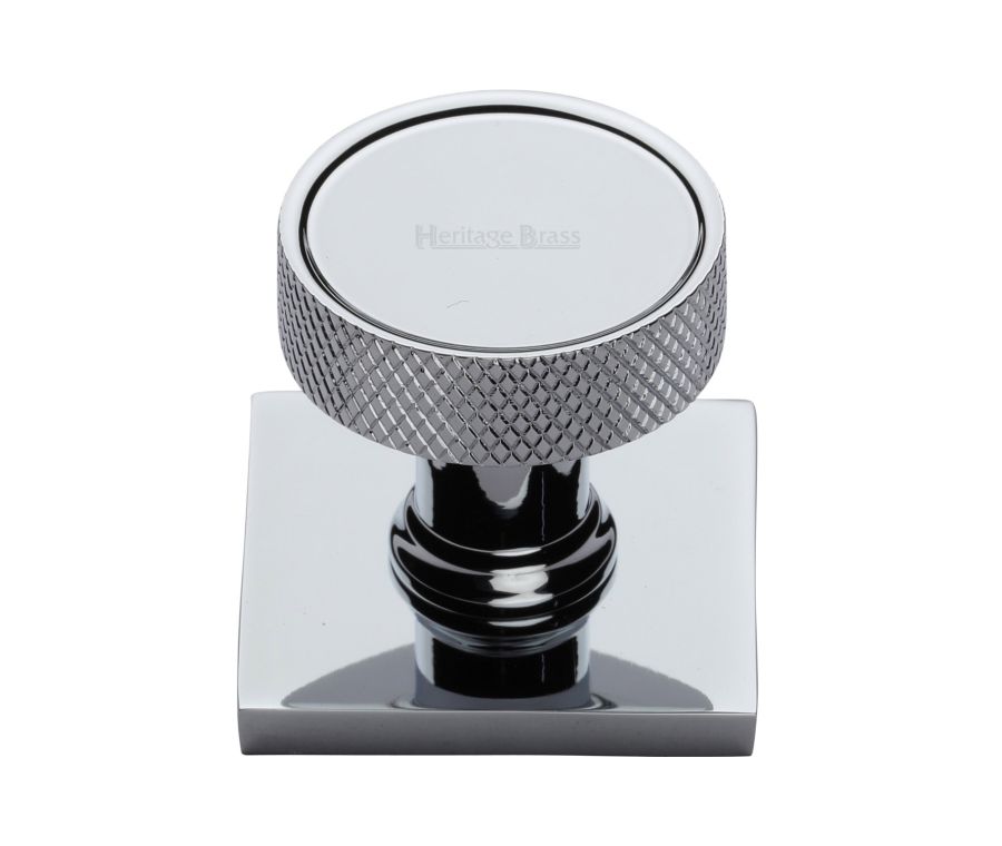 Heritage Brass Polished Chrome Florence Knurled Cabinet Knob with Square Backplate 32mm