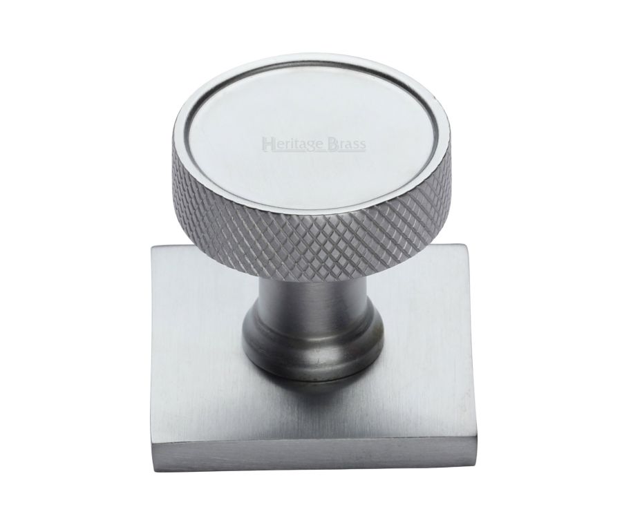 Heritage Brass Satin Chrome Florence Knurled Cabinet Knob with Square Backplate 32mm