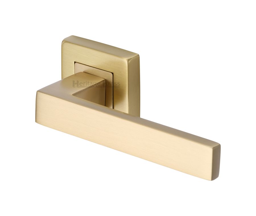 Satin Brass Delta Sq Door Handle on Square Rose