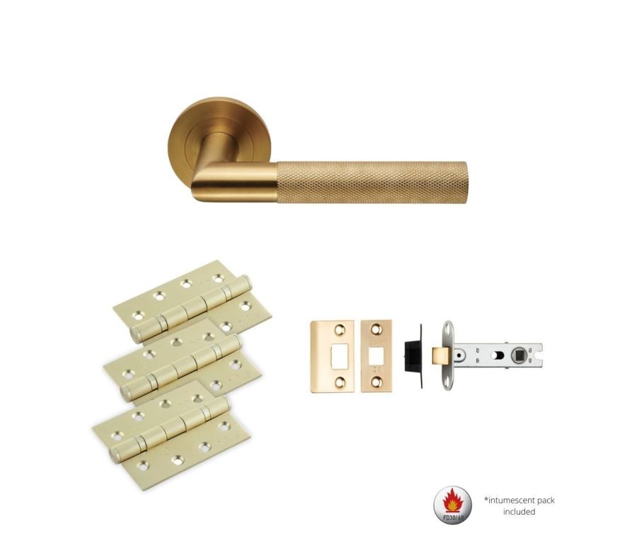 LATCH PACK - Satin Brass Crown Knurled Lever Door Handle Set-30 Minute Protection