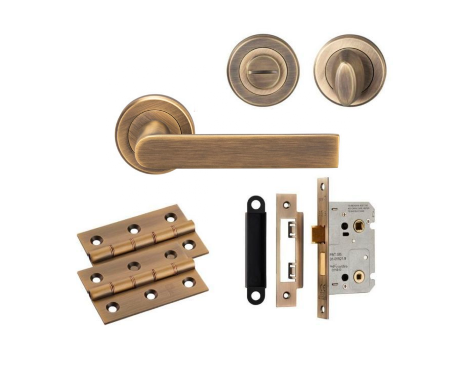BATHROOM PACK - Antique Brass Serozzetta Edge Lever Handle Door Kit 