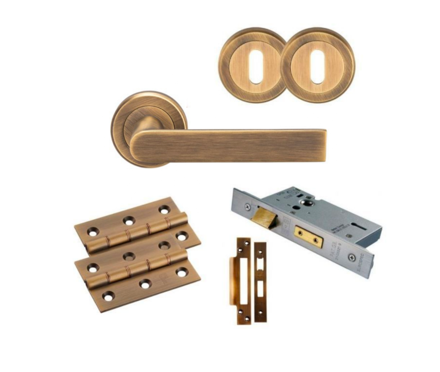 Antique Brass Serozzetta Edge Lever Handle Door Kit - Lock