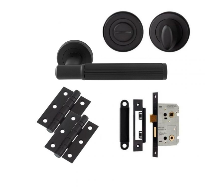 Matt Black Image Lines Lever Handle Door Kit - Bathroom