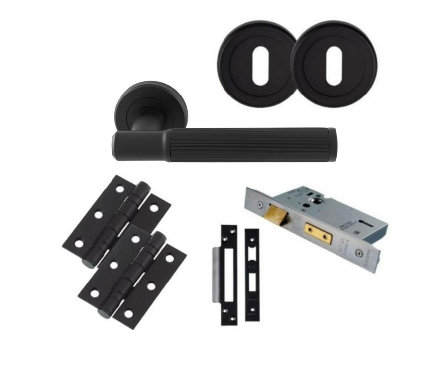 Matt Black Image Lines Lever Handle Door Kit - Lock