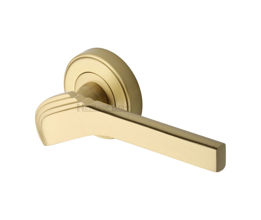 Satin Brass Tiffany Door Handle on Round Rose