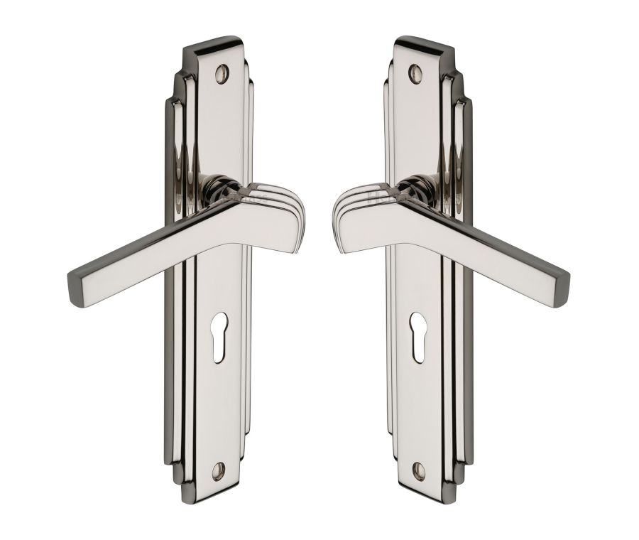 Heritage Brass Polished Nickel Finish Tiffany Door Handle on Plate - Lever Lock