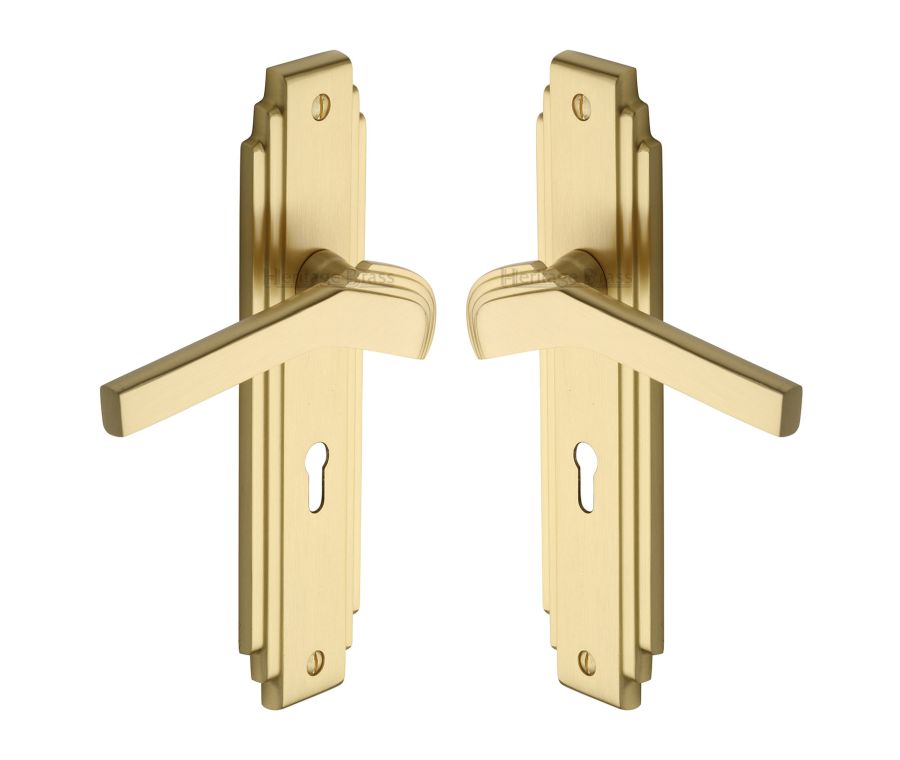 Heritage Brass Satin Brass Tiffany Door Handle on Plate - Lever Lock